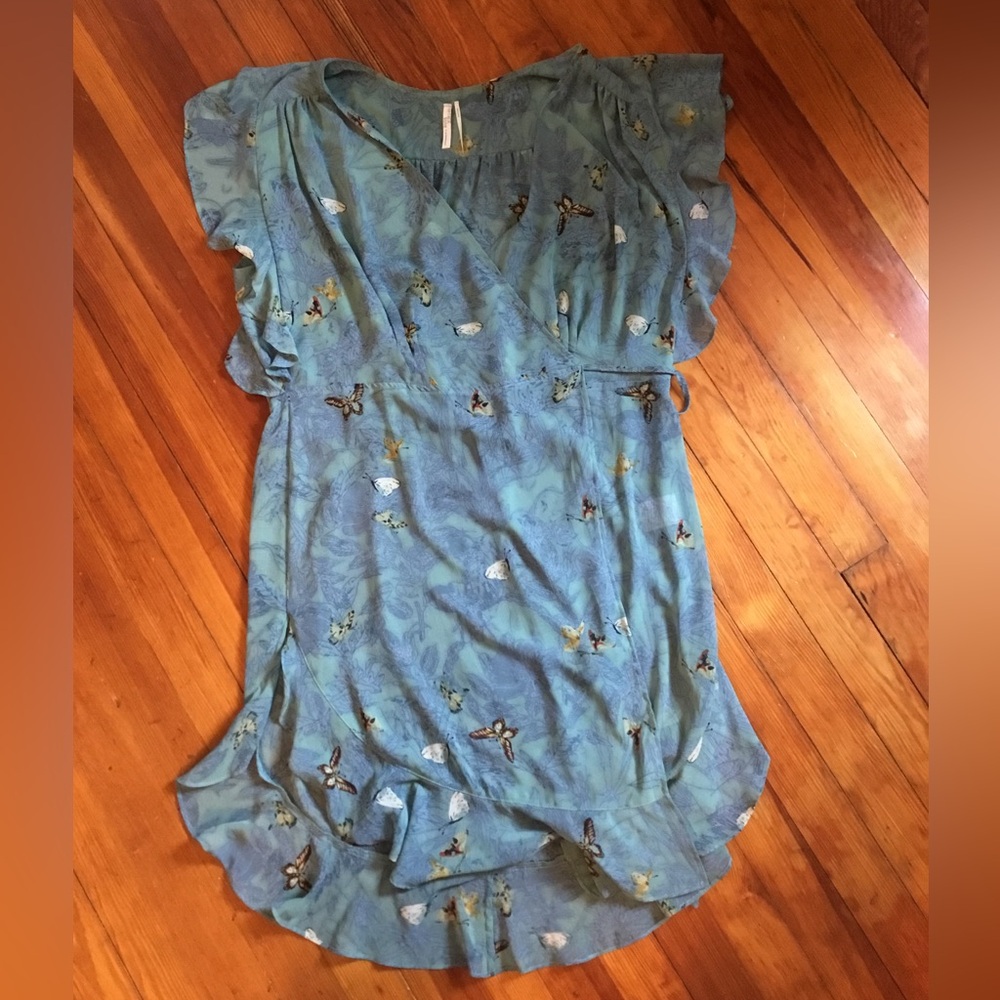 Feather Bone by Anthropologie Butterfly Print Blue Green Wrap Dress, Size XL